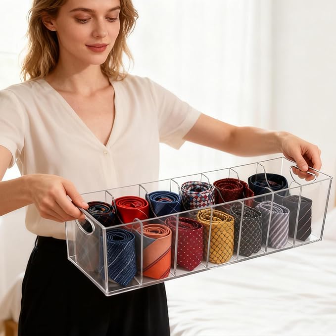 Belt Organizer, Acrylic Belt Racks, 7 Compartments Belt Container Storage Holder, Clear Belt Display Case for Closet Tie and Bow Tie