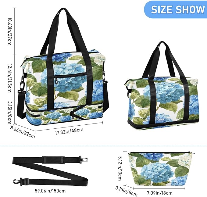 Travel Duffel Bags for Women Watercolor Hydrangea Floral Sports Duffel Bags Gym Bags with Shoes Compartment Tote Bag Weekender Bag for Travelling