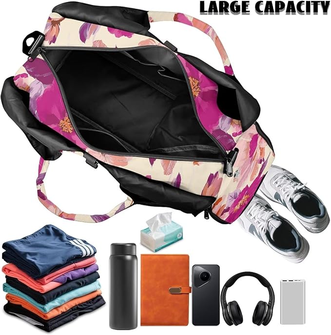 Vintage Floral Duffle Bag Women with Shoe Compartment and Yoga Mat Holder Pink Sports Duffel Bag with Wet Pockets for Women, Stylish Portable Fitness Sport Tote Bag