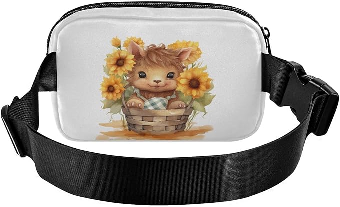 Kawaii Highland Cow Sunflowers Basket Fanny Pack for Women Men Water Resistant Fashion Waist Packs with Adjustable Strap Belt Bag for Travel Workout Jogging Hiking 21218104