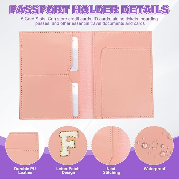 PATIKIL Passport Holder for Travel, Initial Passport Cover and Luggage Tag Set with Alphabet Chenille Letter Patch Travel Wallet Bag Suitcase Identifier for Women Family Travel Pink F