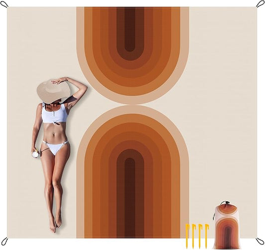 BEW 9 ft×10 ft Extra Large Waterproof Sandproof Beach Blanket for 8 Adults, Beach Mat with 4 Stakes, 210T Polyester Foldable Picnic Blanket for Travel, Hiking, Orange Arches (BB-118-Boho-Arches)