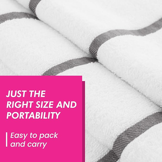CASA COPENHAGEN Cabana Pool 4Pcs 100% Egyptian Cotton Large Designer Beach Towels Gift Set- White Grey, 500GSM, 55"x27", 4 Beach Bath Towels (Box Pack, Set for Women & Men)