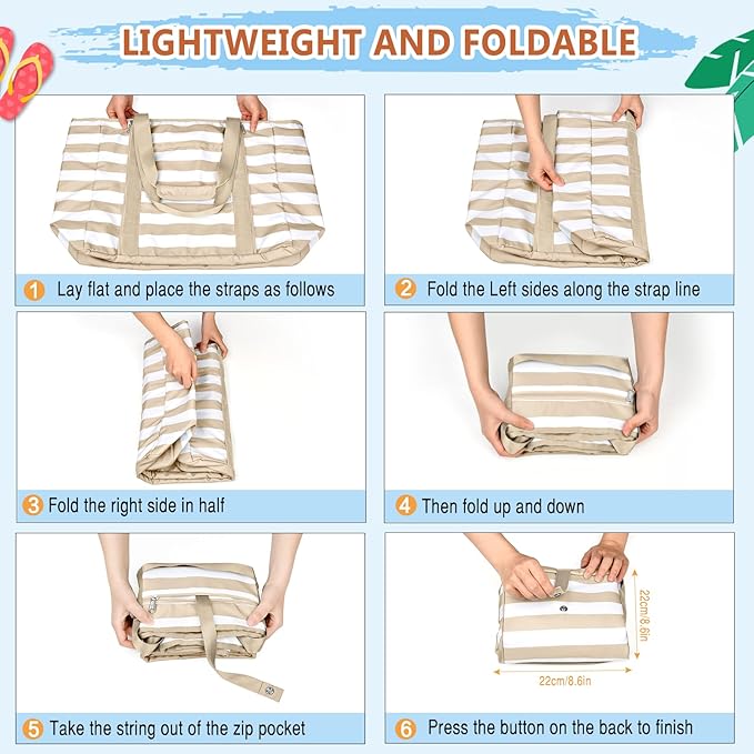 Extra Large Beach Bags for Women, Waterproof Sandproof Beach Tote Bag Foldable Swim Pool Bag with Zipper and Wet Pocket