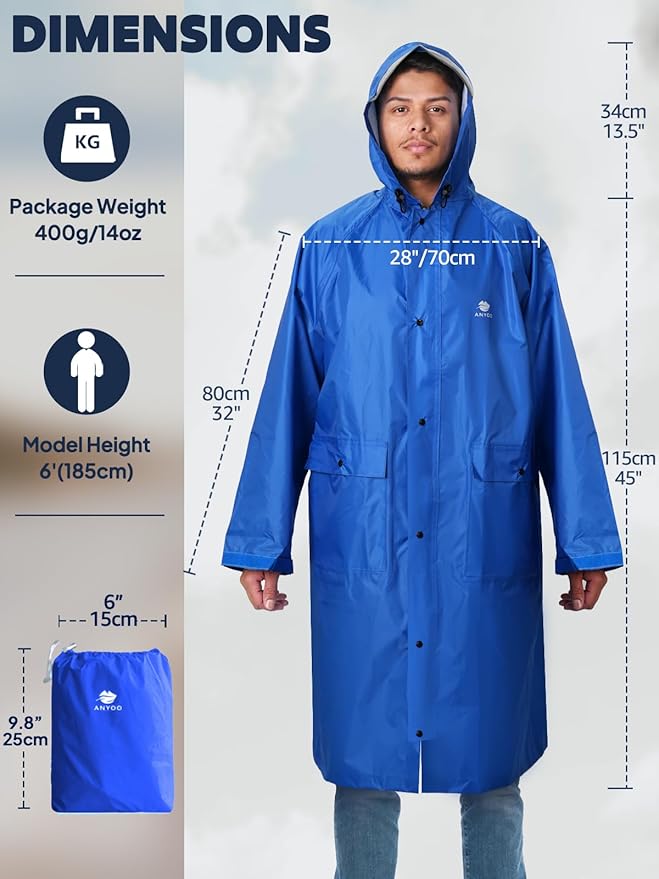 ANYOO Waterproof Rain Jacket for Men Women Lightweight Long Sleeve Raincoat with Hood Emergency Rain Poncho Adults for Hiking