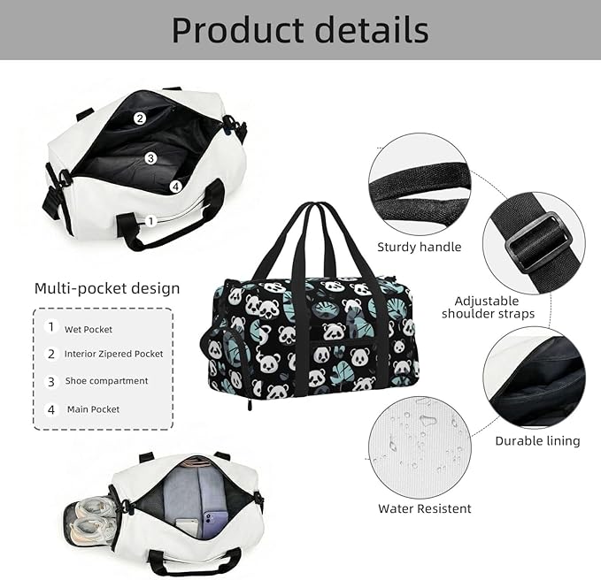 Black and white panda face Print Gym Bag with Shoe Compartment for Women Men, 17.7in Sports Duffle Weekender Tote, Overnight Travel Duffel Bag Carry On