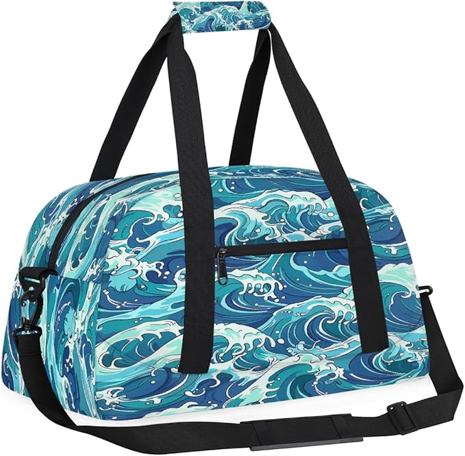 Blue Ocean Wave Pattern Sports Duffel Bags, Water-Resistant Gym Duffle Bag for Men Women, Lightweight Weekender Overnight Bag for Fitness, Workout, Travel