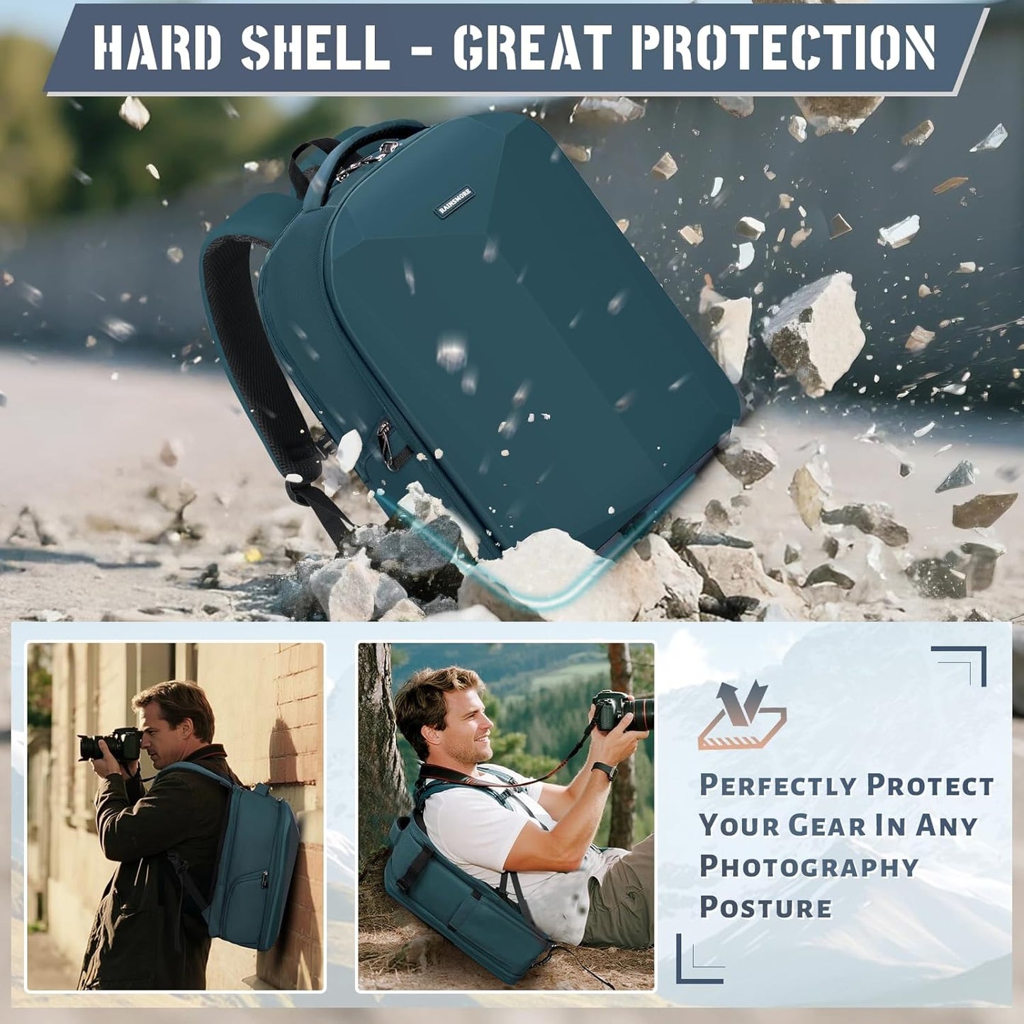 RAINSMORE Camera Backpack Hard Shell for DSLR/SLR Waterproof Camera Bag with Laptop Compartment 15.6 Inch Professional Camera Case with Rain Cover Photography Backpack Bag with Camera Lens Case Green