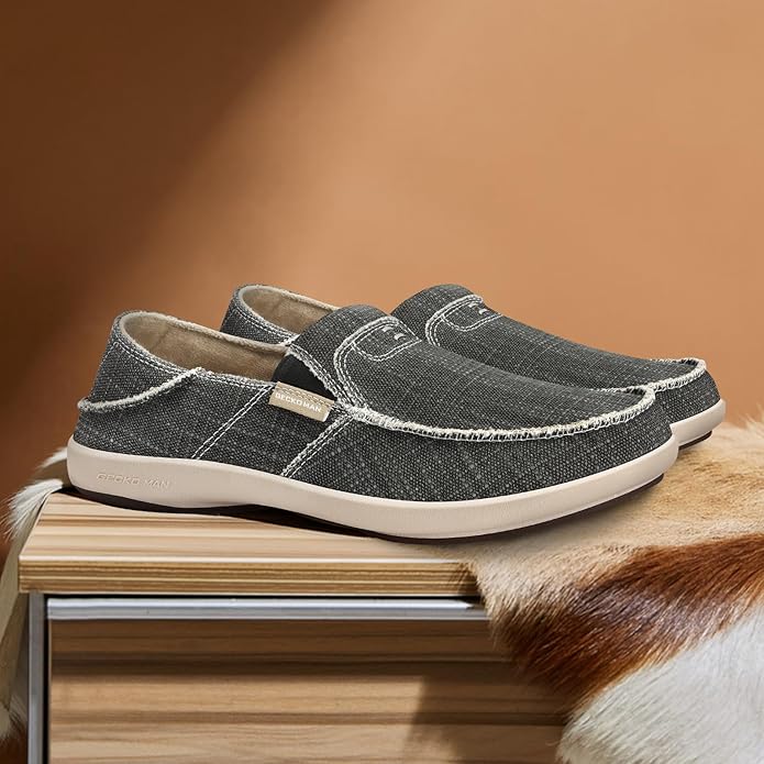 Mens Slip On Shoes, Canvas Mens Loafers with Arch Support, Orthopedic Mens Boat Shoes for Plantar Fasciitis, Indoor & Outdoor Walking Slippers Shoes for Pain Relief