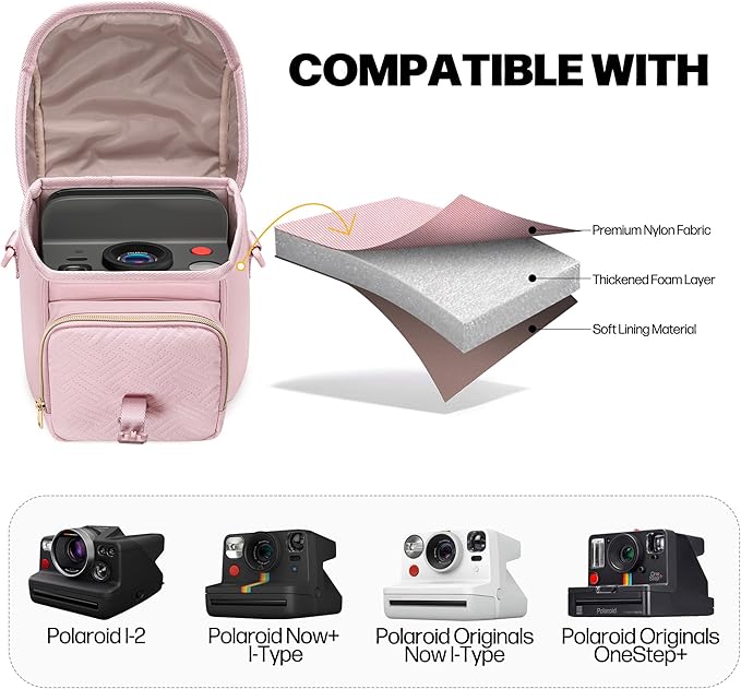 Camera Sling Bag Compatible with Polaroid Now 2nd/3rd Instant Camera, Crossbody Bag with Adjustable Strap, Pink