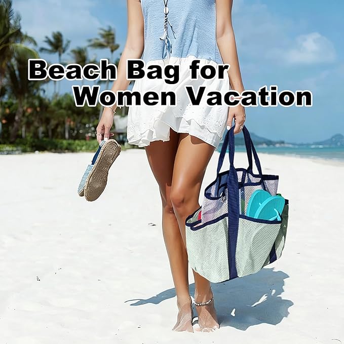 Mesh Beach Bag,Large Beach Bags for Women with 8 Pockets,Packable Tote Bag for Beach Cruise Pool Vacation Essentials