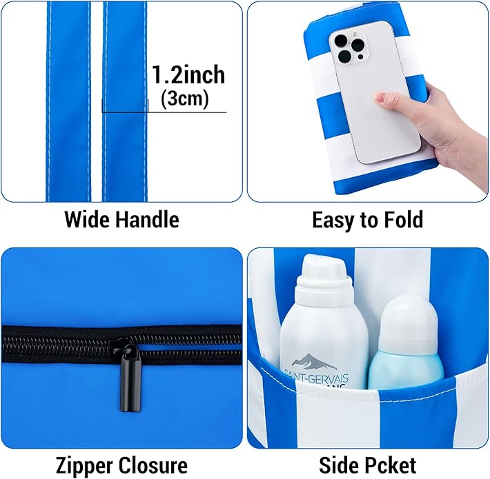 Iioscre Beach Bag for Women, Causal Hobo Pool Bags with Zipper Inner Pocket, Foldable Swim Tote Bag for Vacation Essentials