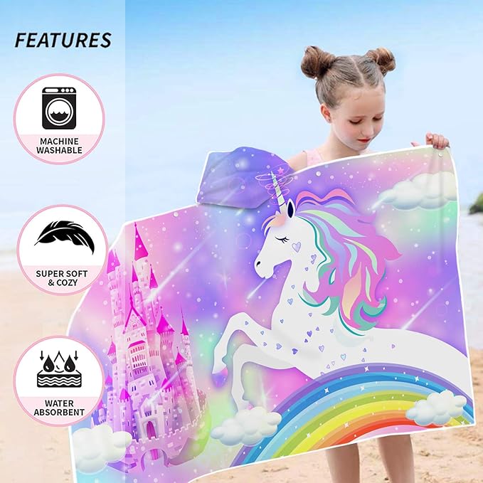 Bonsai Tree Unicorn Hooded Beach Towel for Kids, Cute Rainbow Bath Towel with Hood for Girls, Pink Magic Castle Microfiber Super Absorbent Soft Poncho Bathrobe for Swin Pool 30”x50”