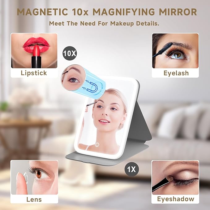 Mocado Travel Makeup Mirro with Lights, 360° Rotation Lighted Makeup Mirror, Portable Mirror with 10x Magnification, 60LEDs 3 Color Lightings, Dimmable Touch Screen, Tabletop Light up(Purple)