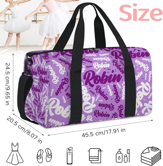 Custom-Dance-Gymnastics-Bag for Girls Personalized Kids Duffle Bag Cheerleader Team Bag for Travel Gym Sport Purple Text