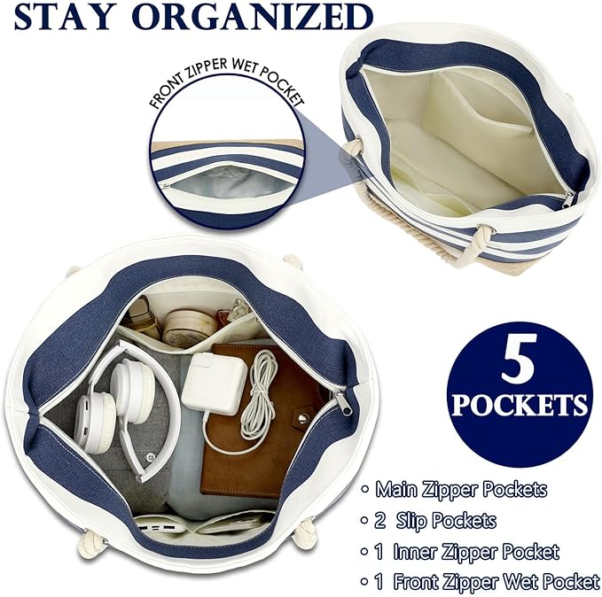 Large Canvas Beach Bag for Women, Beach Bags Waterproof Sandproof with Zipper & Wet Bag Cruise Essentials