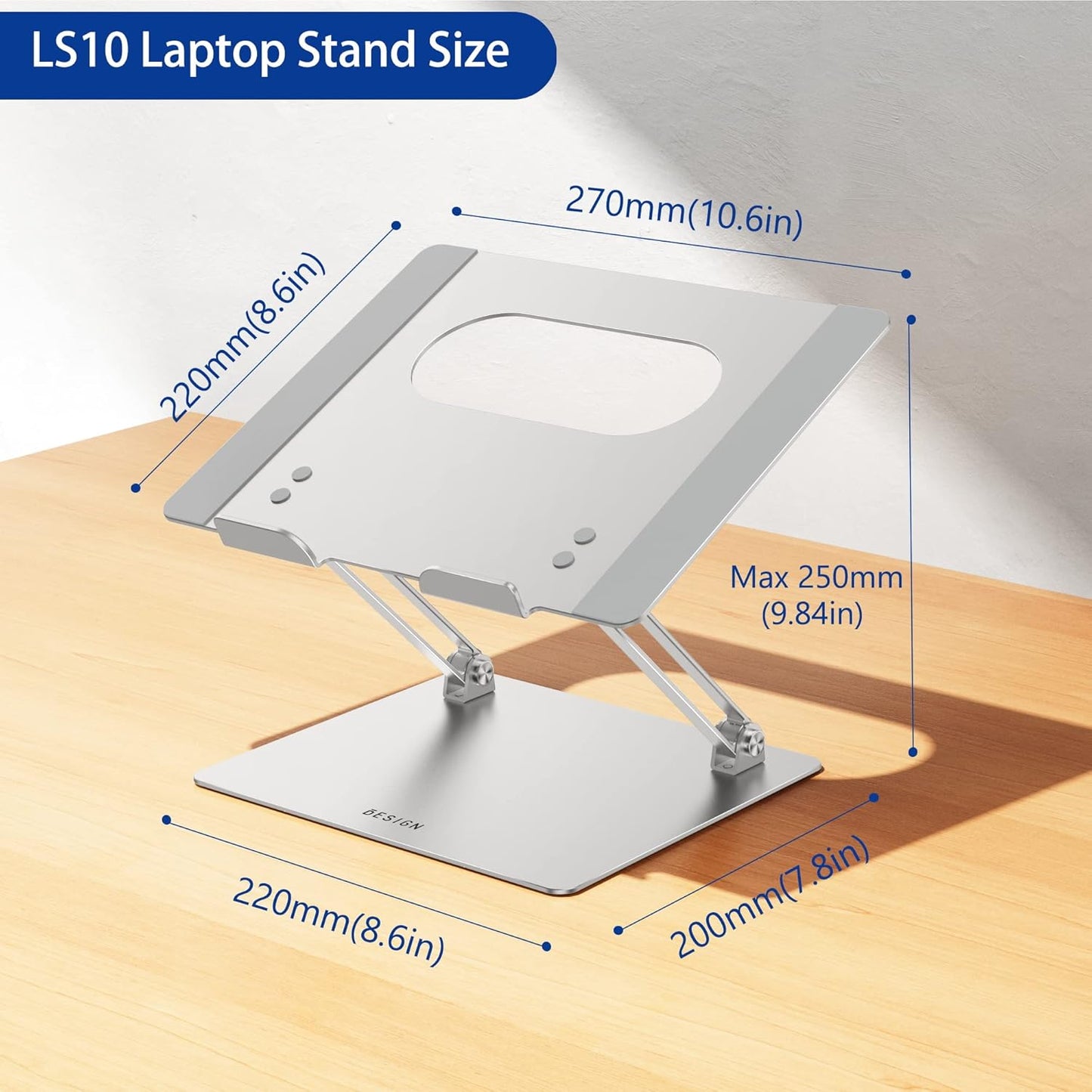 BESIGN LS10 Aluminum Laptop Stand, Ergonomic Adjustable Notebook Stand, Computer Holder Compatible with Air, Pro, Dell, HP, Lenovo More 10-14" Laptops, Silver