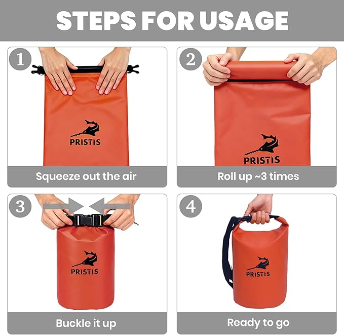 Pristis Waterproof Dry Bag, 5L Lightweight Floating Kayak Storage Backpack for Men Women, Durable Outdoor Roll Top Dry Sack Gear Accessory for Kayaking Fishing Rafting Beach Camping, Orange