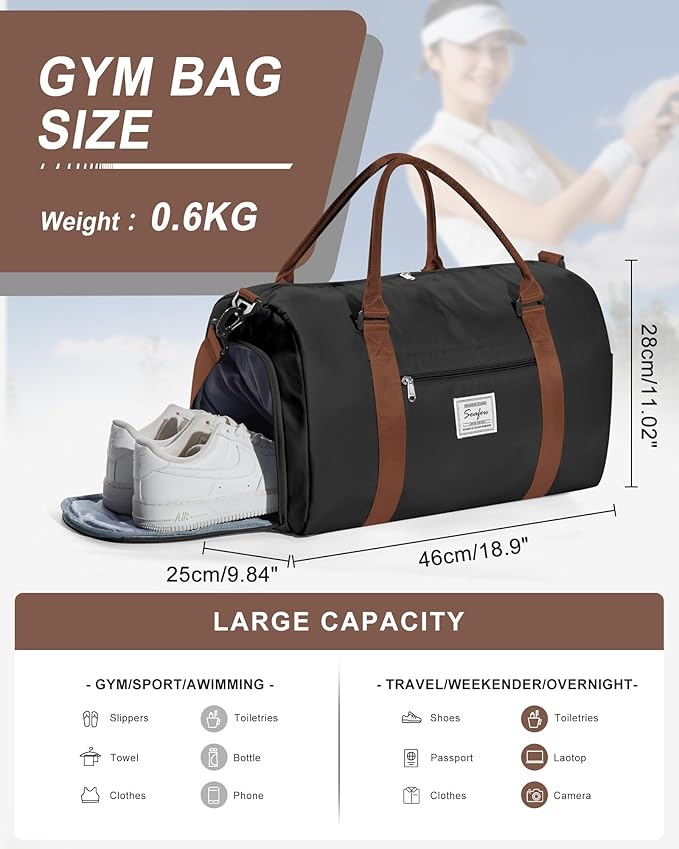 Gym Bag Womens Mens with Shoes Compartment and Wet Pocket Travel Duffel Bag for Women for Plane Sport Gym Tote Bags with Toiletry Bag Waterproof Weekend Overnight Carry on Bag Hospital Holdalls