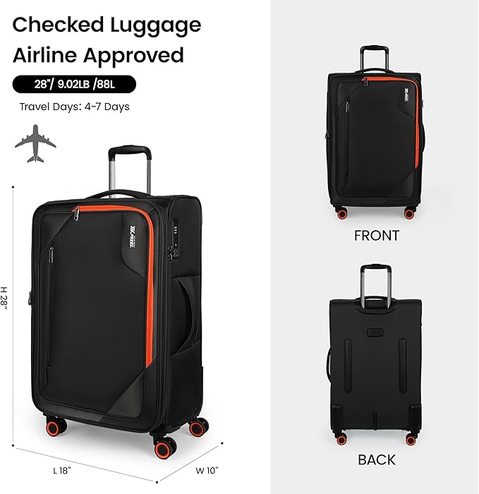 28 inch Luggage with Spinner Wheels,Large Softside Expandable 20% Checked Luggage w/TSA LOCK,Lightweight Durable Rolling Luggage for Men/Women（Black,28in）