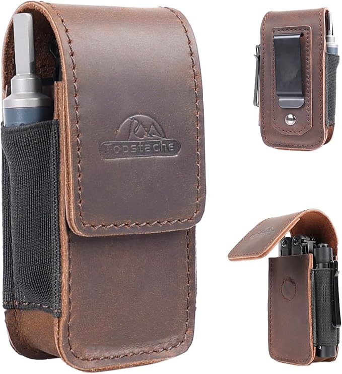 Topstache Leather Multitool Sheath - Belt Clip Multitool Holster for Leatherman - Leather Tool Pouch - Multi Tool Case Sheath for Belt - Magnetic Closure Pocket EDC Organizer, M,DarkBrown