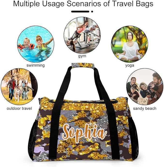 Golden Yellow Camo Sequin Print Luggage Bag Waterproof Duffel Bag Adjustable Shoulder Strap Perform Training Travel Bag for Teens Adults Backpack