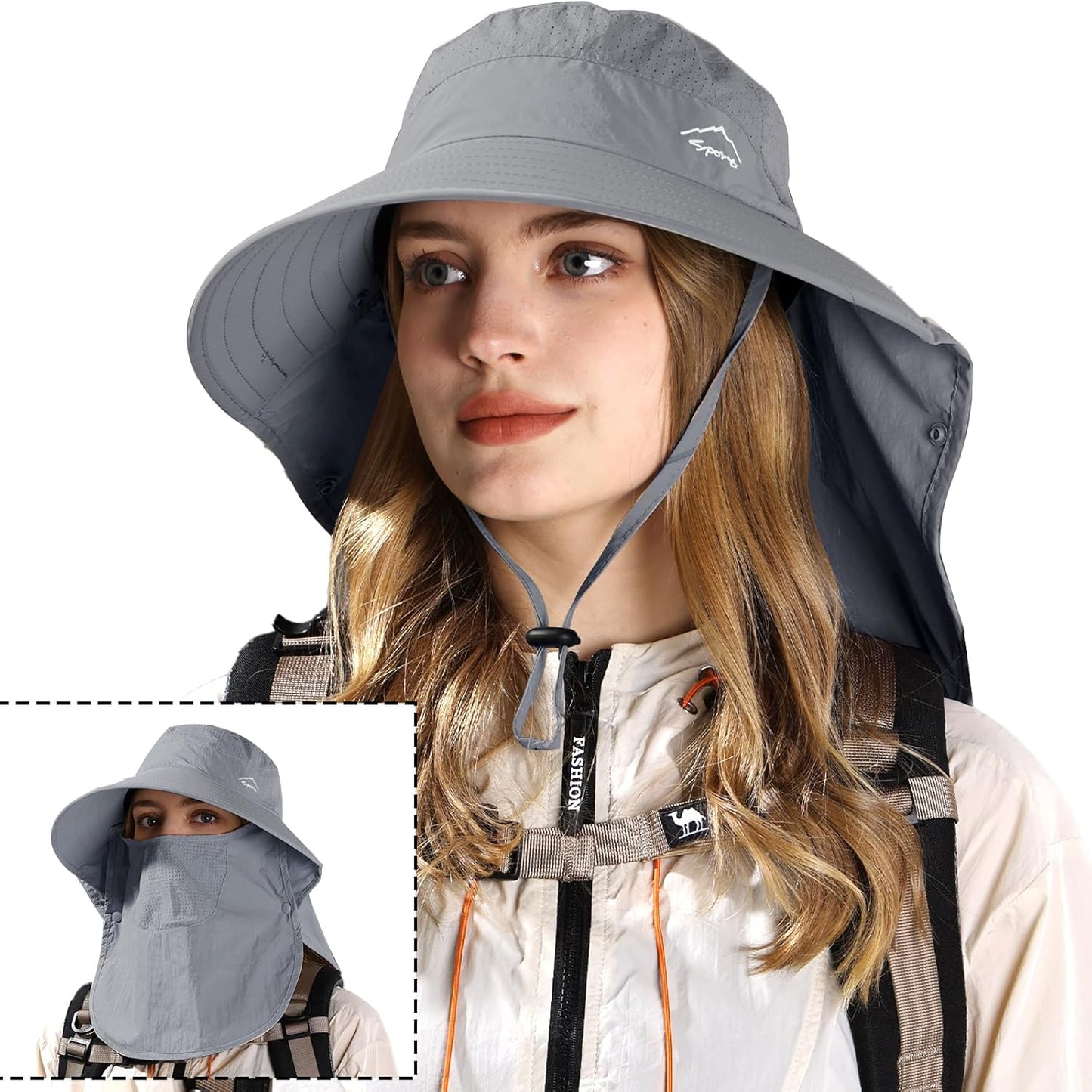 Rosoz Sun Hat for Men Women with Neck Flap,Wide Brim UPF50+ Fishing Hat with Detachable Face Cover Outdoor Sun Protection Hat