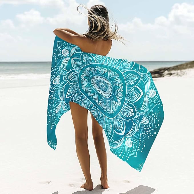 White Mandala Pattern Beach Towel 35" x 71" Teal Green Abstract Art Quick Dry Sand Free Pool Towels Soft & Absorbent Compact Towels Beach Accessories for Travel Bathroom Swimming Pool