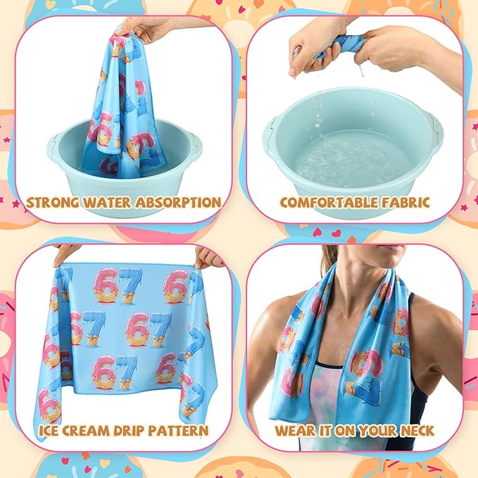 12 Pcs 67 Ice Cream Drip Cooling Towels Six Seven Ice Cream Baseball Workout Microfiber Sweat Rags for Neck and Face Team Gifts Favors for Gym Outdoor Sport Party(67 Baseball Drip)
