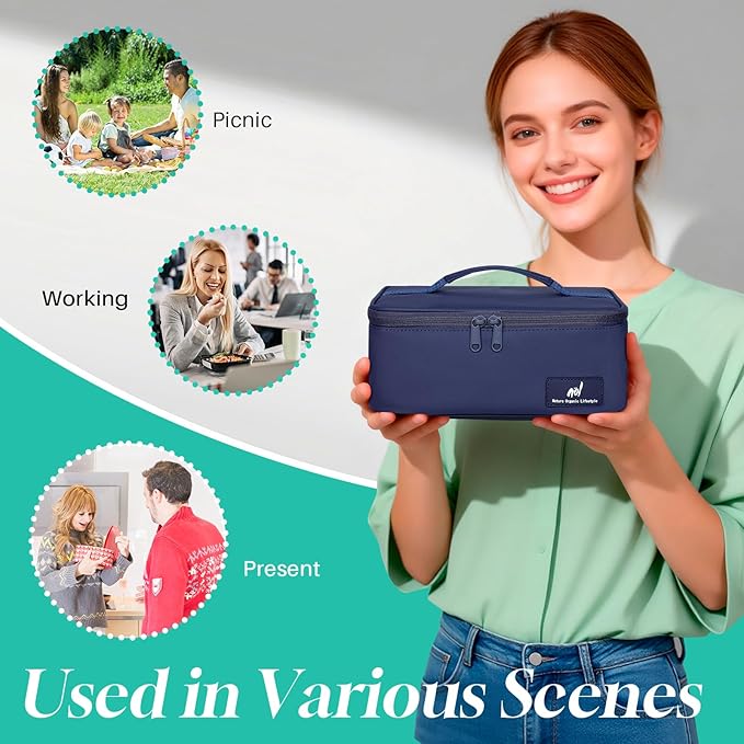 NOL Natural Organic Lifestyle Insulated Lunch Bag for Adults – Compact Cooler Lunch Box with Food-Grade Lining, Waterproof Lunch Bag for Work, Travel | Portable Thermal Meal Tote with Handle,Navy blue