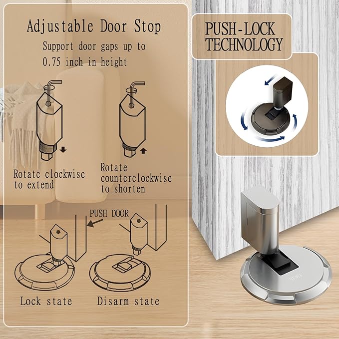 UBVIF No Magnetic Door Stopper, Adjustable, Mechanical Doorstop, Windproof Door Stop for Indoor, No Nails/Screws Needed,Heavy Duty Door Holder,Keep Door Open (1, Matte Brushed Nickel)
