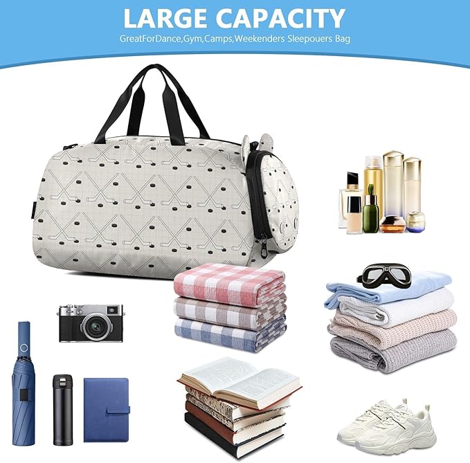 VIGTRO Sports Hockey Sticks Pucks Kids Overnight Travel Duffel Bag Sport Gym Bag for Boys Girls with Shoe Compartment, Carry On Weekender Luggage Bag for Dance Swim Yoga