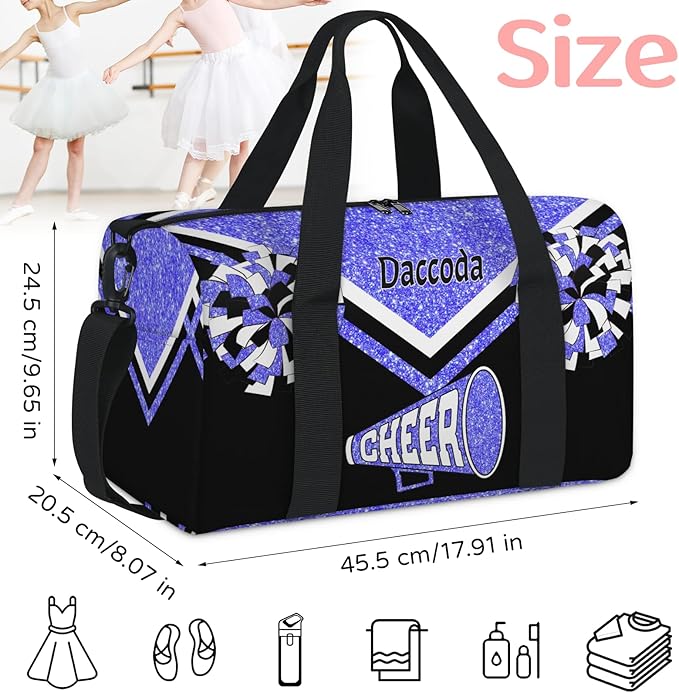 Personalized Ballet Dance Bag, Cheerleading Sport Duffel Tote, Light Blue Glitter Black Cheer Team Customized Travel Duffle Tote with Name Overnight Weekender Perform Cheer Bag