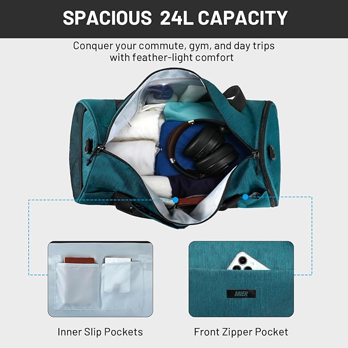 MIER Gym Bag Round Duffle Bag with Shoe Compartment & Wet Pocket, Lightweight Carry on Duffel for Men Women Workout Fitness Travel Sports, 24L, Dark Green