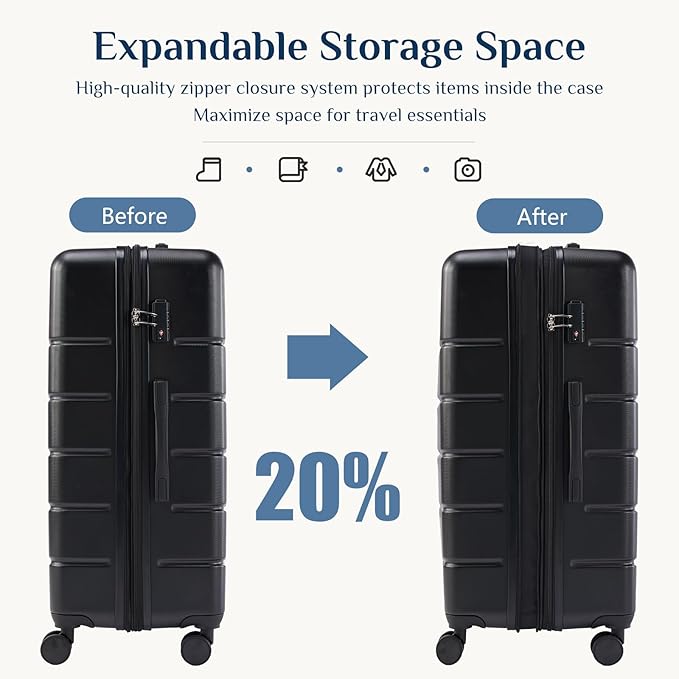 OLIXIS 3-Piece Suitcase Set, Hardside Luggages with Spinner Wheels, Lightweight ABS Hard Shell Travel Luggage, Expandable Carry-On Suitcase with TSA Approved Lock–Black(20+24+28 Inch)