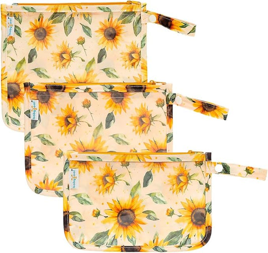 babygoal Clear Travel Organizer Bags 3 Pack, TSA Approved Mess-Proof Pouches with Snap Handle, Water-Resistant Toiletry Essentials for Baby & Mom (Sunflower)