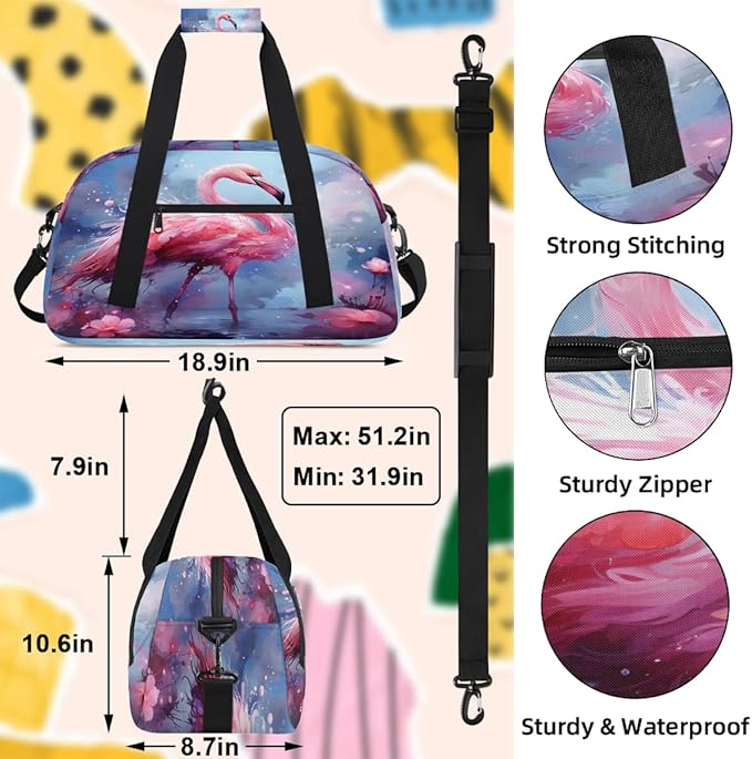 Gym Bag for Women Men, Pink Flamingo In Water Travel Duffle Bags for Dance Ballet Overnight, Carry-On Weekender Bag with Detachable Shoulder Strap