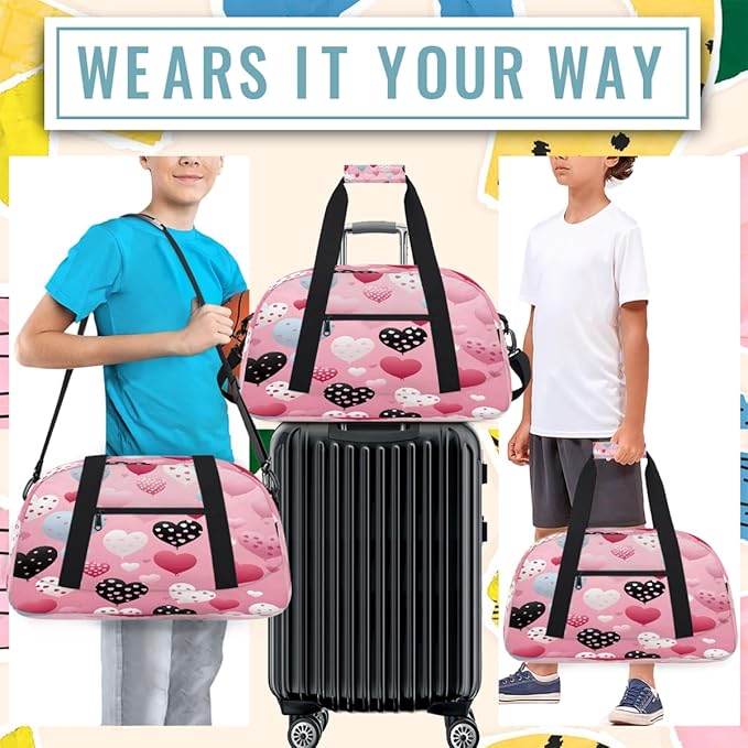 Pink Heart Balloon Print Sports Duffel Bags, Water-Resistant Gym Duffle Bag for Men Women, Lightweight Weekender Overnight Bag for Fitness, Workout, Travel