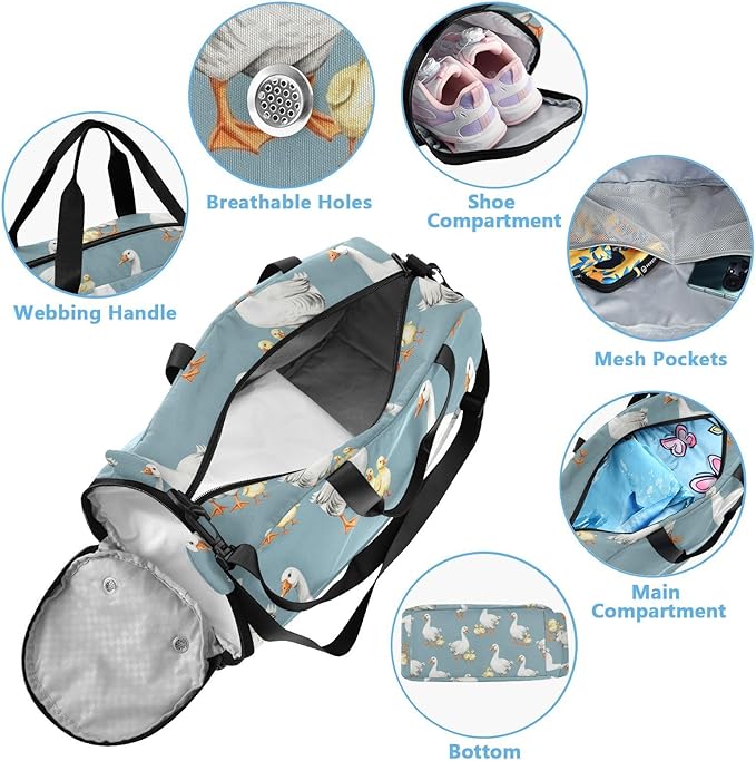 VIGTRO Geese Goslings Blue Kids Overnight Travel Duffel Bag Sport Gym Bag for Boys Girls with Shoe Compartment, Carry On Weekender Luggage Bag for Dance Swim Yoga