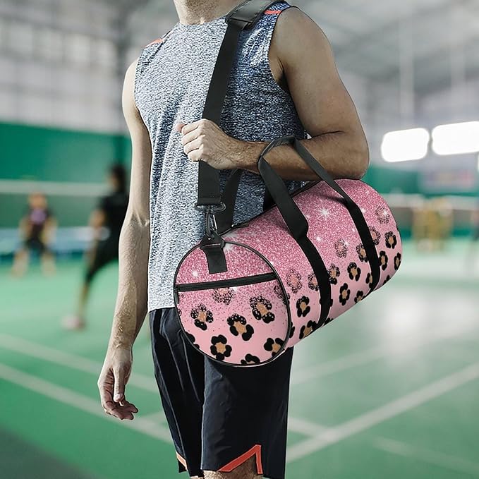 Lightweight Travel Sports Carry On Bag Pink Glitter Sparkles Cheetah Leopard Print Basketball Football Weekender Bag Sport Gym Fitness Tote