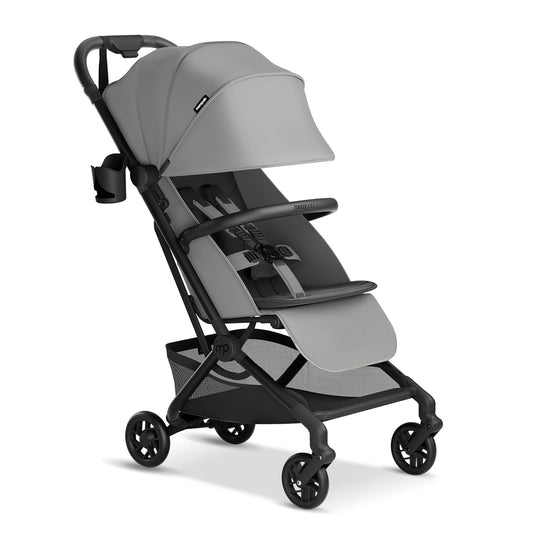 Mompush Velo Lightweight Travel Stroller – One-Hand Fold, Ultra-Compact & Airplane Friendly, Lie-Flat Recline Seat (from Birth to 50 lbs), Includes Cup Holder, Shoulder Strap, and Leather Bumper Bar