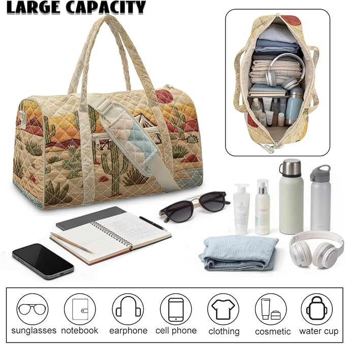 COEQINE Cactus Quilted Gym Bag For Women Sport Quilted Tote Bag For Women Brown Desert Cactus Camper Large Car Themed Crossbody Bags for Women,Shoulder Bag with Detachable Strap