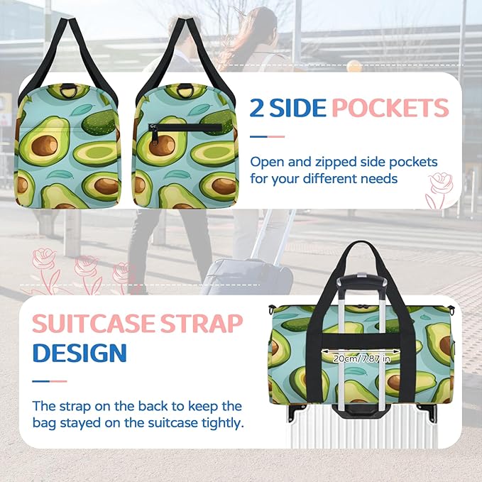 Avocados Travel Duffle Bag for Women Men, Overnight Weekender Bag, Carry on Tote for Sport Gym