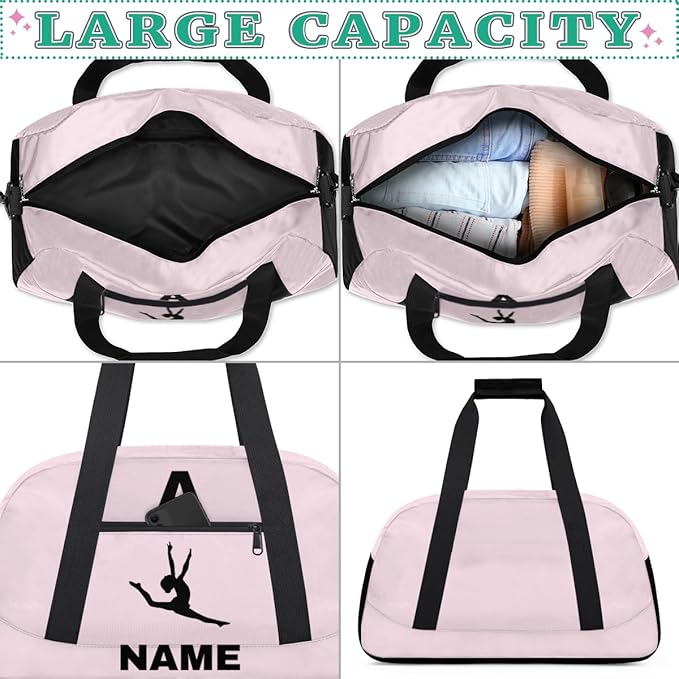 Personalize-Kids-Sports-Duffel-Bags With Custom Name Text Carry-On Overnight Travel Gym Lightweight Dance Pattern Sports Bags For Girls Boys Kids,Pink 1