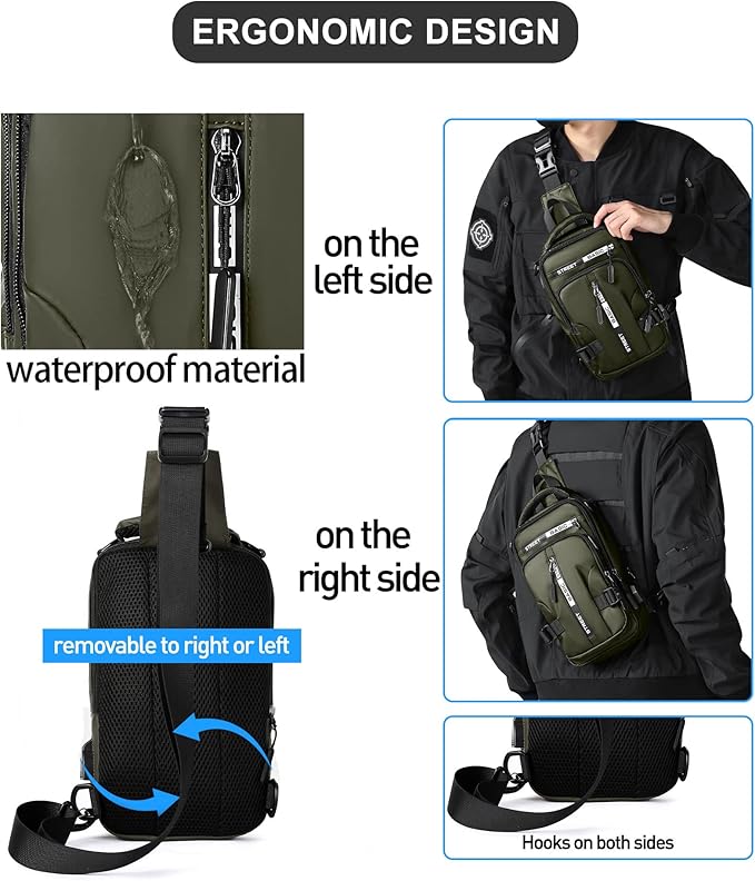 SEAFEW Small Sling Crossbody Backpack Shoulder Bag for Men, Lightweight One Strap Backpack Sling BacK pack for Hiking Walking Biking Travel Cycling USB Charger Port-Nylon (Olive Green)
