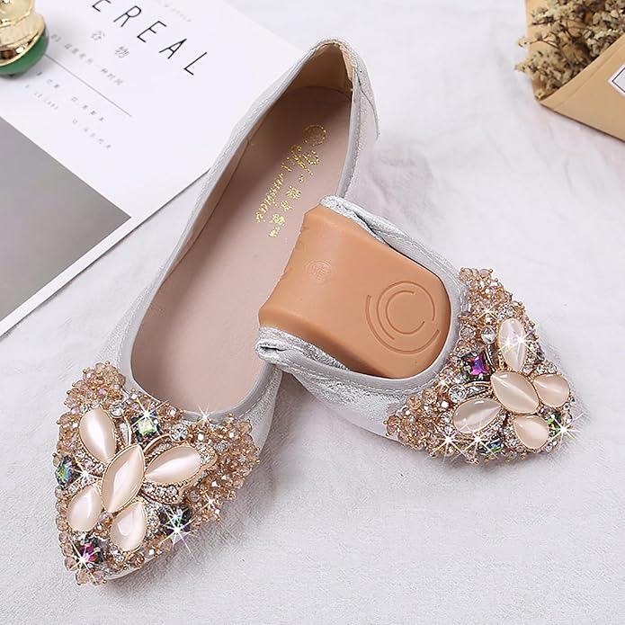 Women Ballet Flats Sparkly Rhinestone Wedding Ballerina Shoes Pointed Toe Foldable Comfort Slip on Flat Dress Shoes