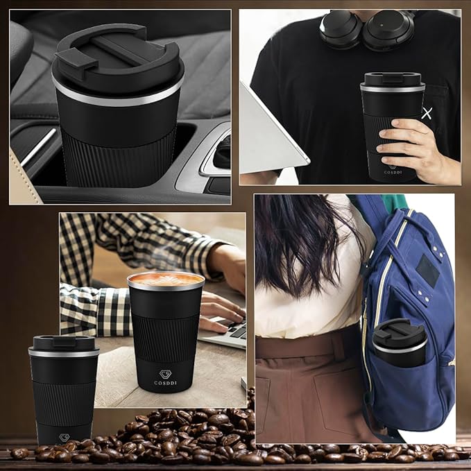 CS COSDDI 12 oz Stainless Steel Vacuum Insulated Tumbler - Coffee Travel Mug Spill Proof with Lid - coffee Cup for Keep Hot/Ice Coffee,Tea and Beer (3rd Black)