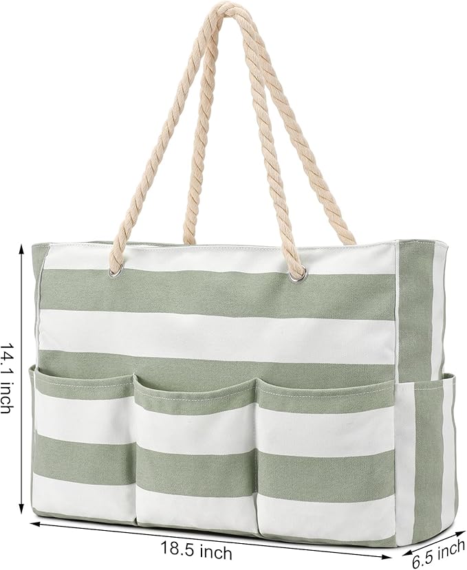 Becokan Beach Bags for Women Canvas Large Beach Tote Bag Zipper Waterproof Sandproof Foldable Swim Pool Bag with 7 Pockets