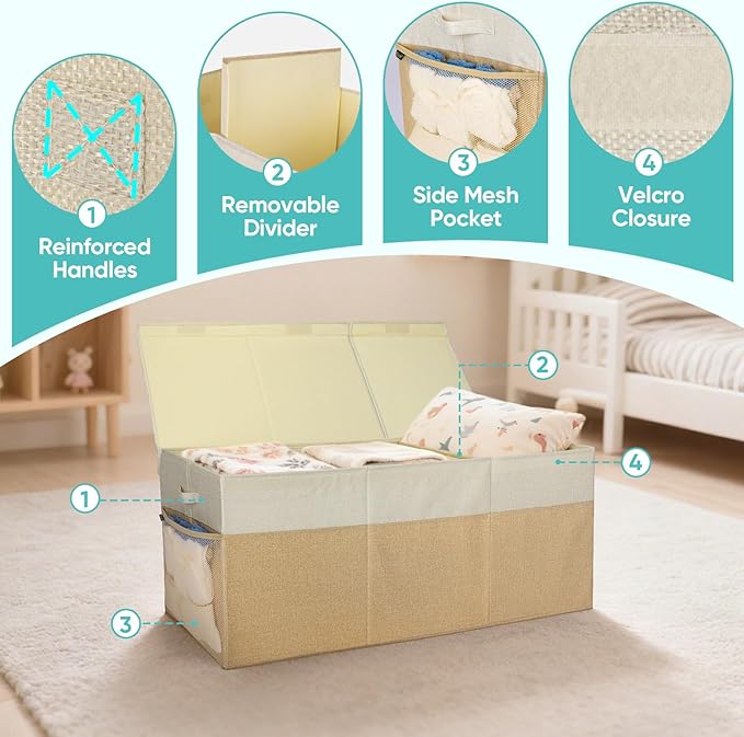 BALEINE Fabric Storage Bins with Lid, Collapsible Extra Large Storage Boxes Bins Baskets with Divider for Home Organizing (37.5"x13"x16", Grey)