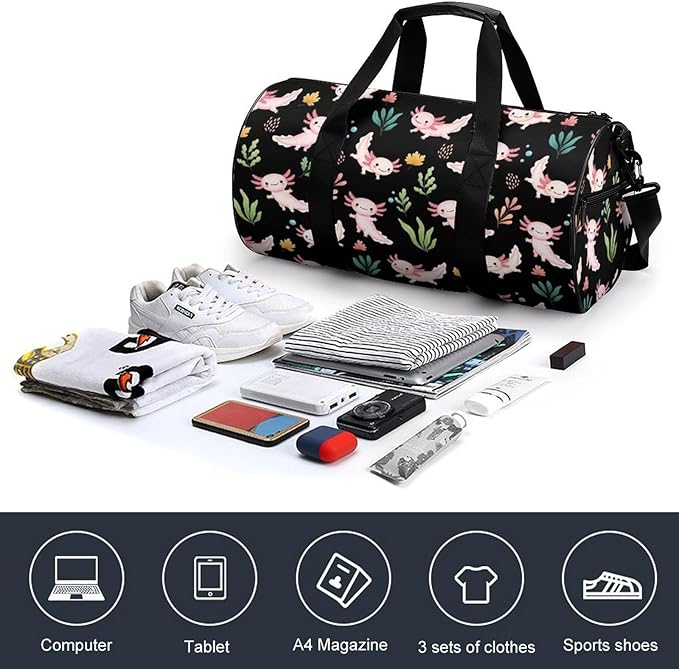 Foldable Gym Travel Bag Axolotl Lovers Overnight Weekender Travel Bag Dance Sports Gymnastics Bags Unisex Overnight Bags